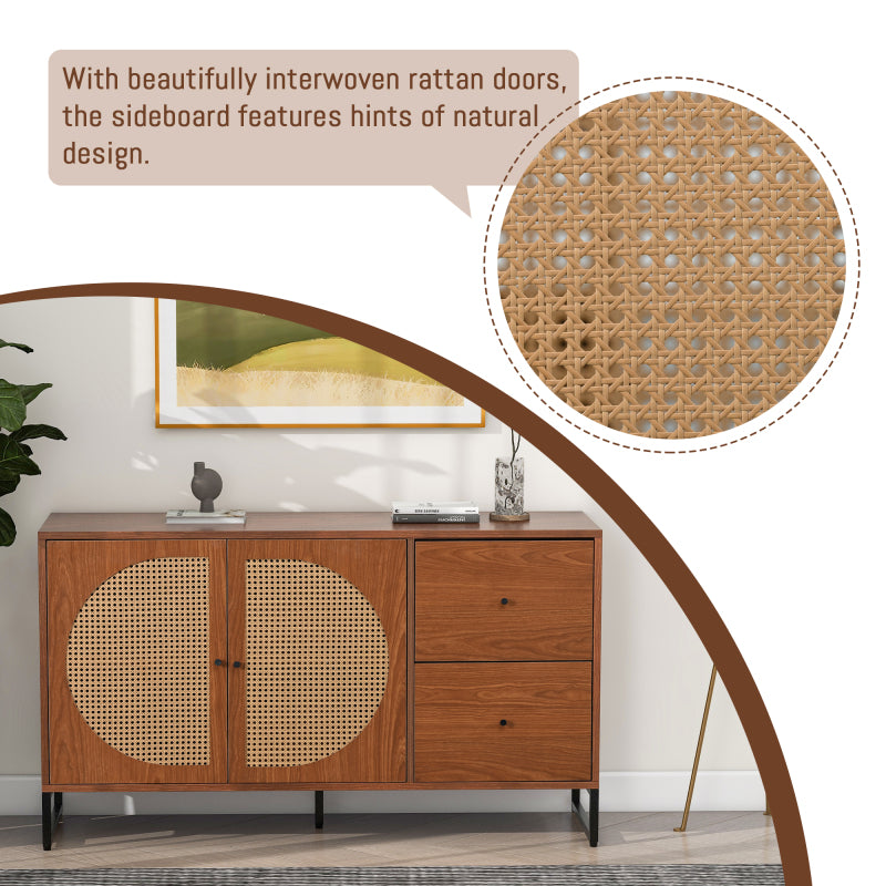 Sideboard mit 2 Rattan verzierten Türen und 2 Schubladen Kommode Küchenschrank, Mehrzweckschrank, Highboard mit Metallgriffe, für Schlafzimmer & Wohnräume & Büro