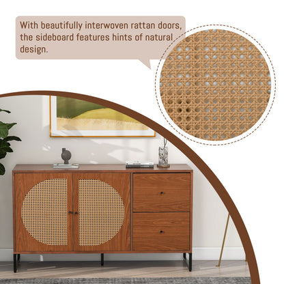 Sideboard mit 2 Rattan verzierten Türen und 2 Schubladen Kommode Küchenschrank, Mehrzweckschrank, Highboard mit Metallgriffe, für Schlafzimmer & Wohnräume & Büro