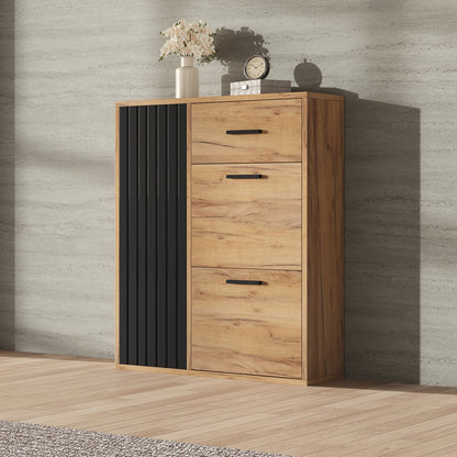 Schuhschrank Schwarz/Natur 80x24x95,5 cm mit 2 Klappen, 1 Tür & Schublade, verstellbare Regale, moderne Griffe