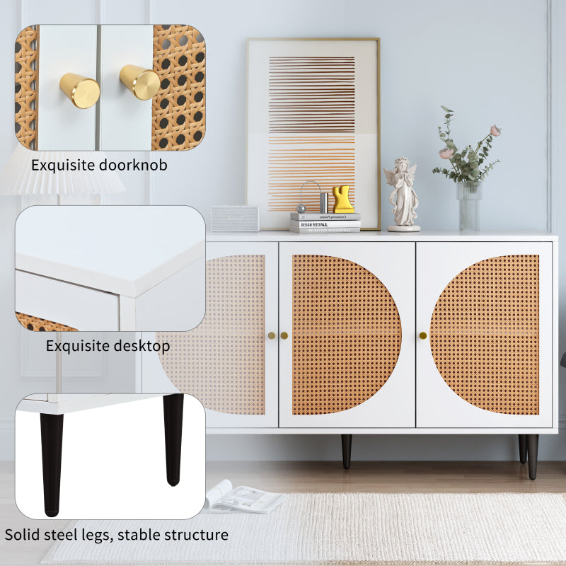 Sideboard mit 3 Rattan verzierten Türen Kommode Highboard mit Metallgriffe, für Schlafzimmer & Wohnräume & Büro, Weiß,129.8x 40x 76cm