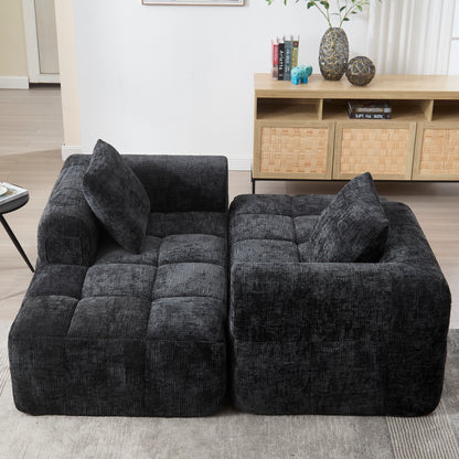 Modernes Sektionssofa, L-Sofa, 3-Sitzer-Sofa, keine Installation erforderlich, Chenille-Sofa mit Chaiselongue und Armlehnen, 3 Kissen, Seitentasche für Fernbedienung, Schwarz