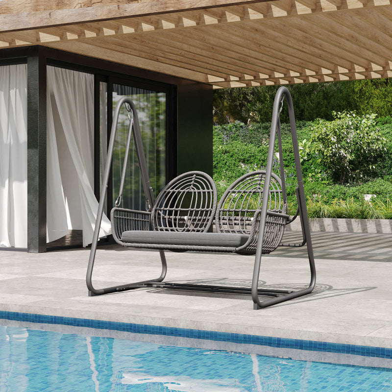 Gartenschaukel, Hollywoodschaukel mit Rückenlehne, Gartenmöbel-Set für den Außenbereich,Doppelschaukel aus PE-Rattan, 2 Sitze, Dunkelgrauer Sitzrahmen und Kissen