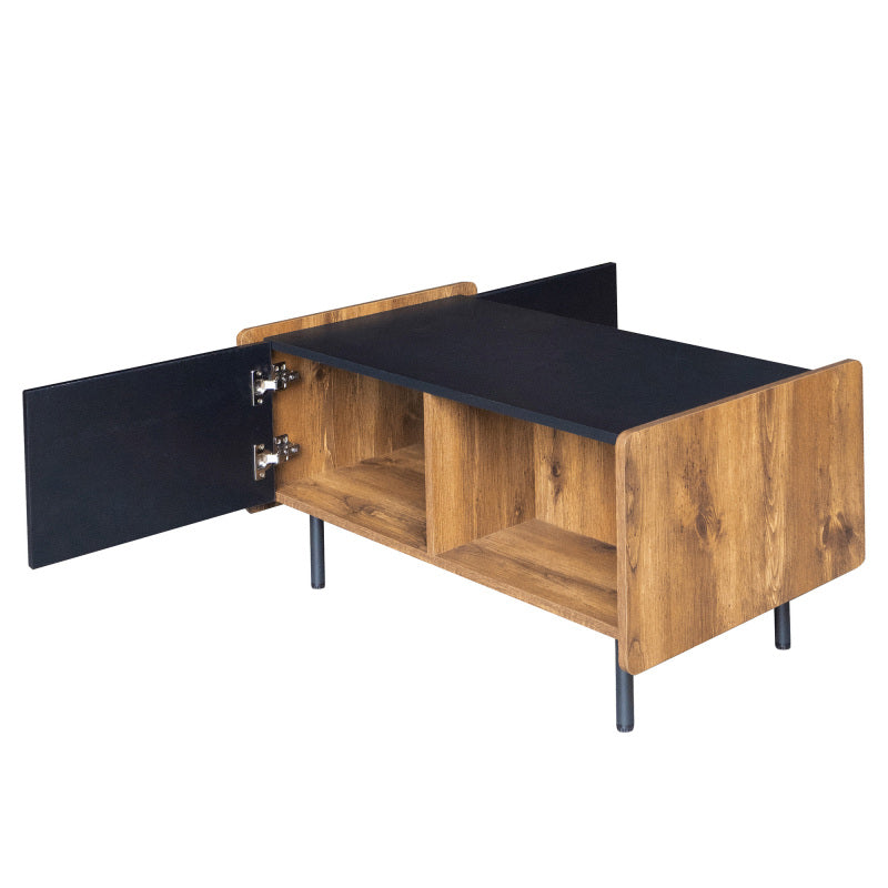 90 cm Schwarze und Holzfarbene Couchtisch – Moderner Stil, Zwei Offene Fächer und Zwei Türen, Dämpfende Scharniere