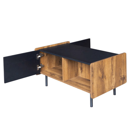 90 cm Schwarze und Holzfarbene Couchtisch – Moderner Stil, Zwei Offene Fächer und Zwei Türen, Dämpfende Scharniere