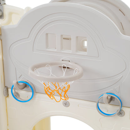 8 in 1 Kinderrutsche Kletterspielzeug, Multifunktionsrutsche mit 2 Rutschen, freistehende Rutsche, Klettern, Bohrspiel, Stauraum, Spielkorridor, Basketballkorb, Lasso-Spiel, Teleskop. Hergestellt aus