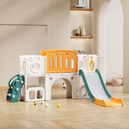 Bären Kinder 6-in-1 Rutsche mit einer Rutsche, zwei Plattformen, zwei Bodenschrankfächern, Basketballkorb und Treppe - Hochdichtes Polyethylen (Ozeanbälle nicht enthalten