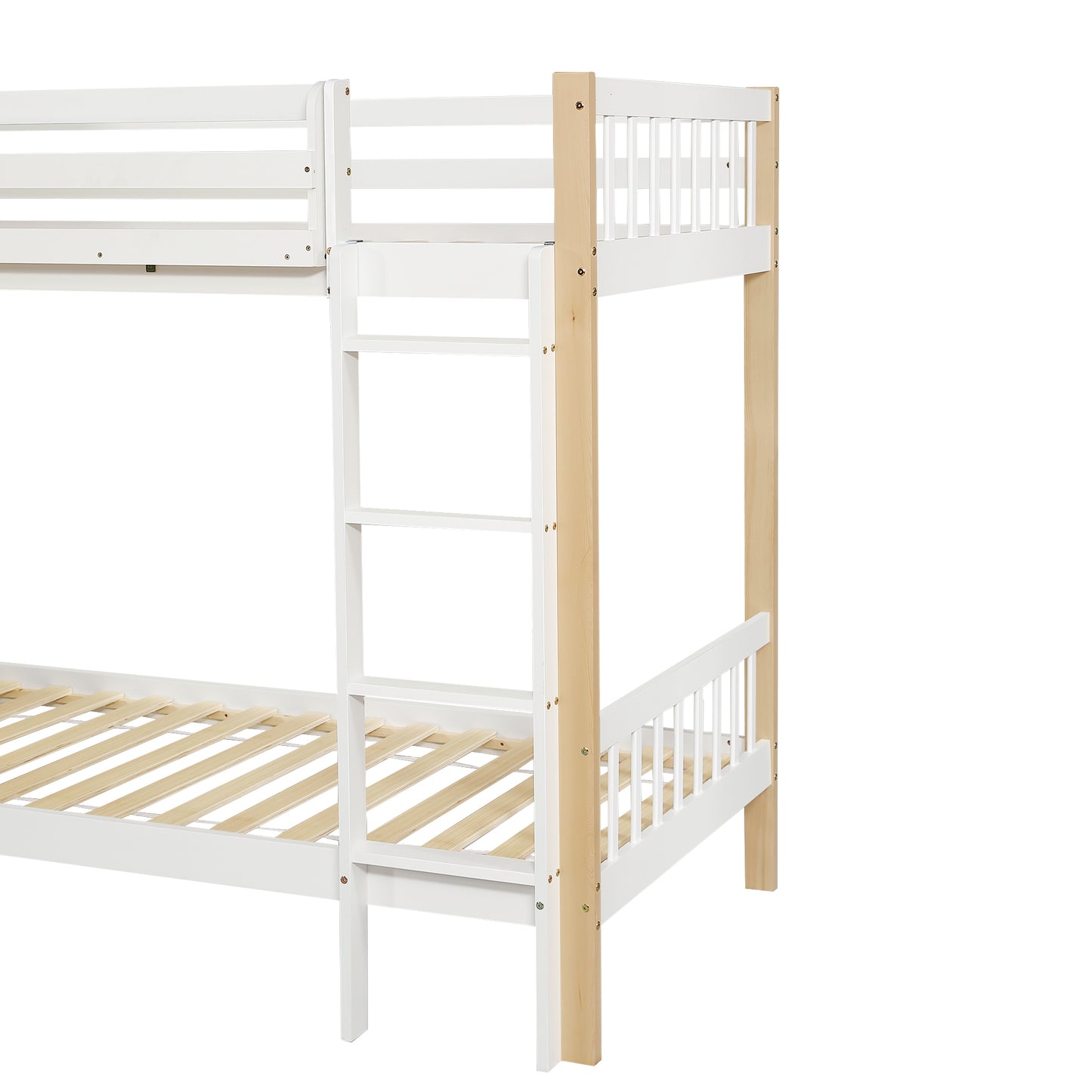 Etagenbett, Kinderbett mit Fallschutz und Gitter, mit 4-stufiger Leiter, 6 offenen Regalen, Kleiderschrank seitlich, Reichlich Stauraum,  Kiefer+PB, Weiß+Natur,  90x200cm