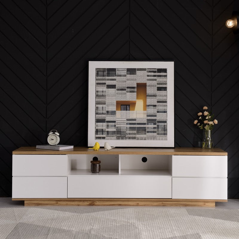 Moderner Farbblock-TV-Schrank in weißer Ausführung, TV-Schrank mit Holzmaserung, 180 cm