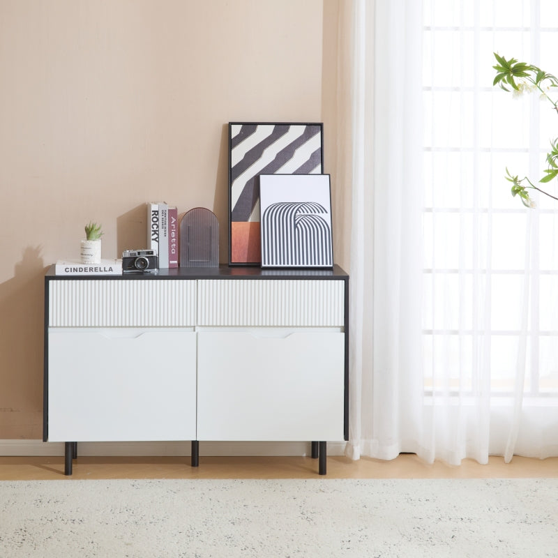 Aufbewahrungsschrank 120cm mit geriffelten Schubladen, schwarz-weißes Design, verstellbare Einlegeböden, 2 Türen, Sideboard-Buffet, Schrank-Organisator für Küche, Wohnzimmer, Esszimmer