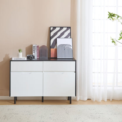 Aufbewahrungsschrank 120cm mit geriffelten Schubladen, schwarz-weißes Design, verstellbare Einlegeböden, 2 Türen, Sideboard-Buffet, Schrank-Organisator für Küche, Wohnzimmer, Esszimmer