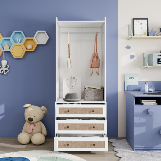 Weißer Kleiderschrank mit drei Schubladen – Garderobe mit Stauraumregal im Boho-Stil – Höhe 180 cm – ideal für Flur, Wohnzimmer, Schlafzimmer, Arbeitszimmer oder Büro.Maße:70*48*180cm