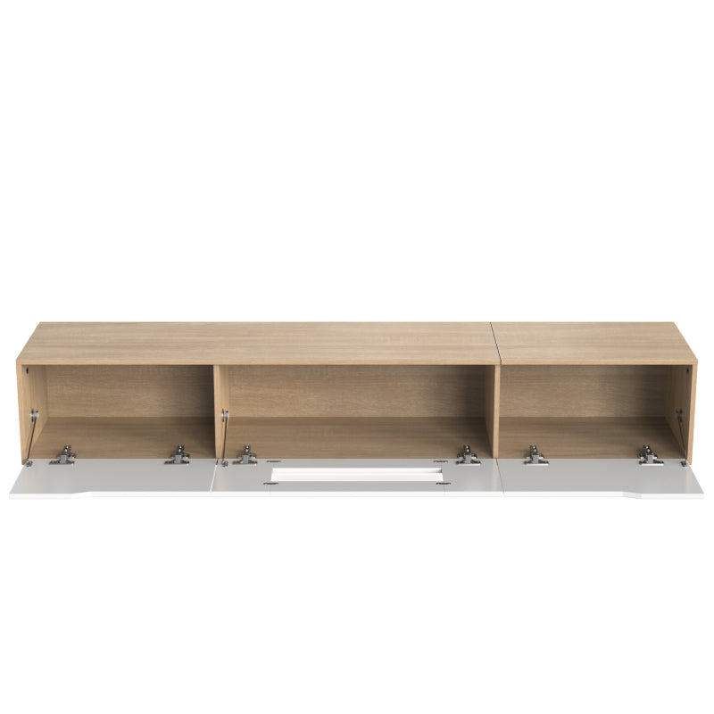 TV-Schrank, Hochglanz-TV-Schrank, farblich passend zu Hochglanz-Weiß und Holzfarbe, mit farbwechselndem LED-Licht.