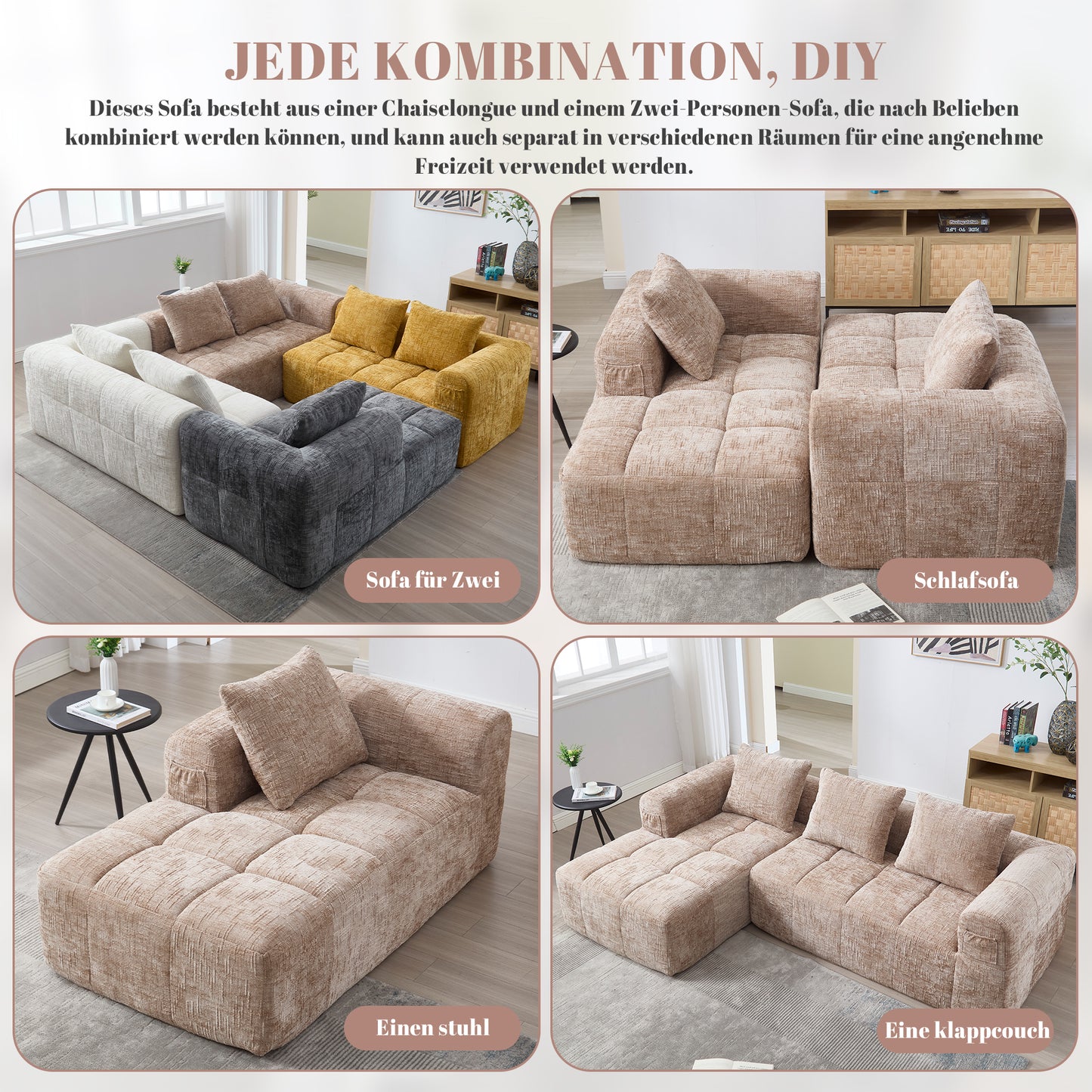 Modernes Sektionssofa, L-Sofa, 3-Sitzer-Sofa, keine Installation erforderlich, Chenille-Sofa mit Chaiselongue und Armlehnen, 3 Kissen, Seitentasche für Fernbedienung, khaki