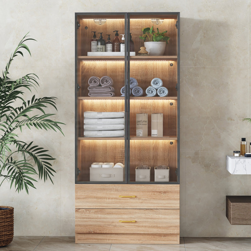 Badezimmerschrank, mittel, mit Lichtleiste, 75 cm breit, mit 2 großen Schubladen und 2 Türen, Glastür