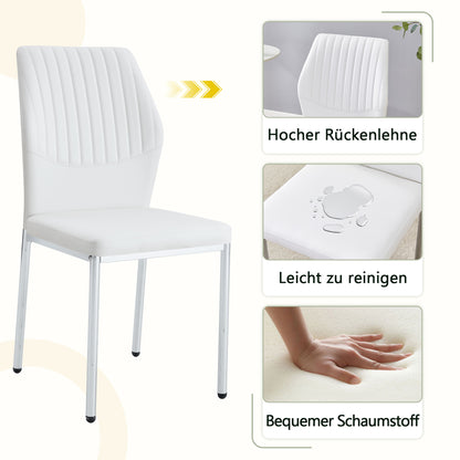 4er-Set Esszimmerstühle Weiß PU-Leder Leicht-Luxus-Stil mit senkrechter Prägung und silbernen Metallbeinen