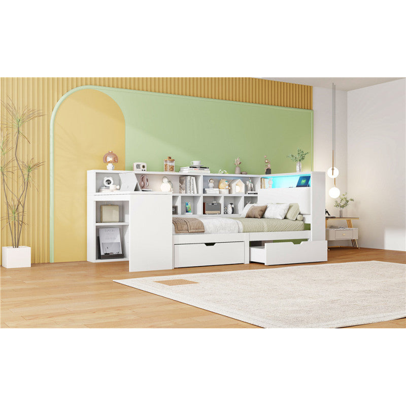 90x200 L-förmiges Holz-Plattformbett mit Schreibtisch und Bücherregal, Eck-Kapitänsbett mit gepolstertem Kopfteil, Schubladen unter dem Bett, LED-Licht - Weiß