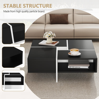 Moderner quadratischer Couchtisch 70x70x35cm - Schwarz-weißes Design, 5 offene Fächer, mittleres Ablagefach 10x10cm, Belastbarkeit 30KG, schwarzer quadratischer Couchtisch