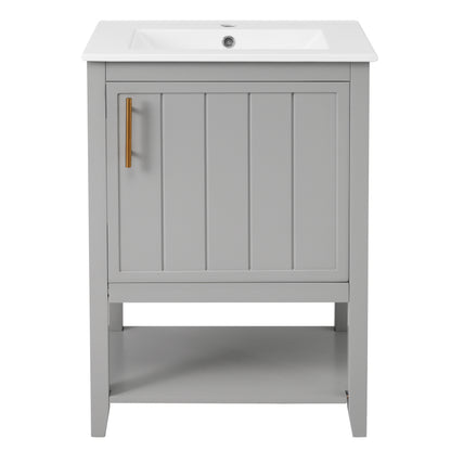 Badmöbel Einzelwaschtisch,Waschtischunterschrank 60 cm mit Keramikwaschbecken,mit Ablage,hellgrau