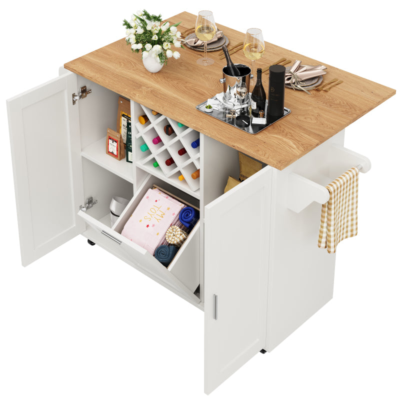 Kücheninsel mit herausnehmbaren Trennwänden, Küchenschrank, Esszimmerwagen mit Arbeitsplatte, Buffetschrank, Esszimmerwagen mit Holzmaserung, seitlicher Handtuchhalter mit Flaschenhalter, weiß