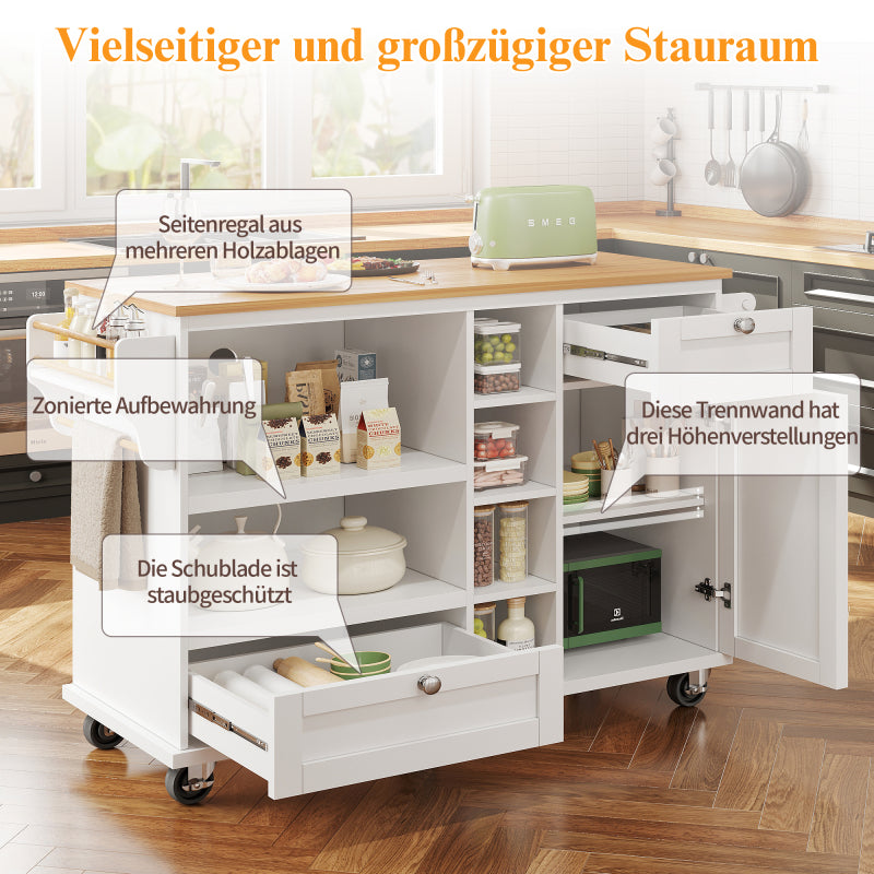 Esszimmerwagen (129 x 46 x 92 cm), modernes minimalistisches Weiß, mobiler Küchen-Esswagen mit Schubladen und Lagerschränken, hellbraune Holzarbeitsplatte, passend für moderne Wohnungen