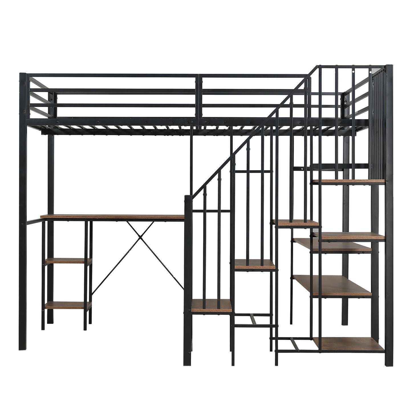 Eisenbett, Etagenbett, Geeignet für Kinder und Jugendliche, Eckleiterschrank mit Stauraum, Mit Tisch und Ablageregal, Mit offenem Kleiderschrank, Eisen+MDF, Schwarz+Vintage-Holzfarbe
