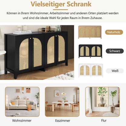 Modernes Sideboard im minimalistischen Stil 4-Rattantür, Metallgriff einfaches Buffetschrank für Esszimmer, Wohnzimmer, Küche (Schwarz)