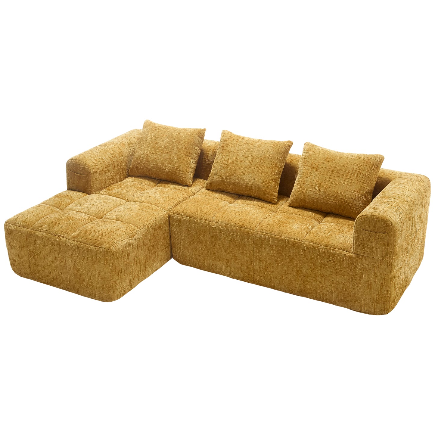 Modernes Sektionssofa, L-Sofa, 3-Sitzer-Sofa, keine Installation erforderlich, Chenille-Sofa mit Chaiselongue und Armlehnen, 3 Kissen, Seitentasche für Fernbedienung, Gelb