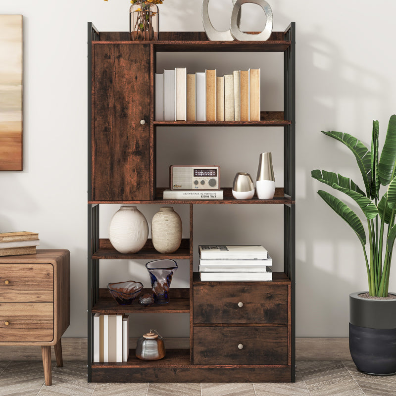 Bücherregal, 6 Regal Bücherregal mit mit Türen und  Schubladen industrielle Bücherregal, Stahlregal, antik braun