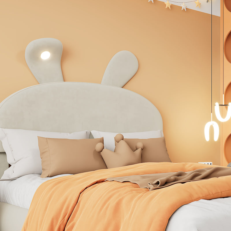 Polsterbett, Einzelbett, Hasenohren mit einstellbarer Helligkeit warmfarbenen Lichtstreifen, mit zwei Aufbewahrungshockern, Kinderbett mit Holzlatten, Samt, Beige, 90x200cm
