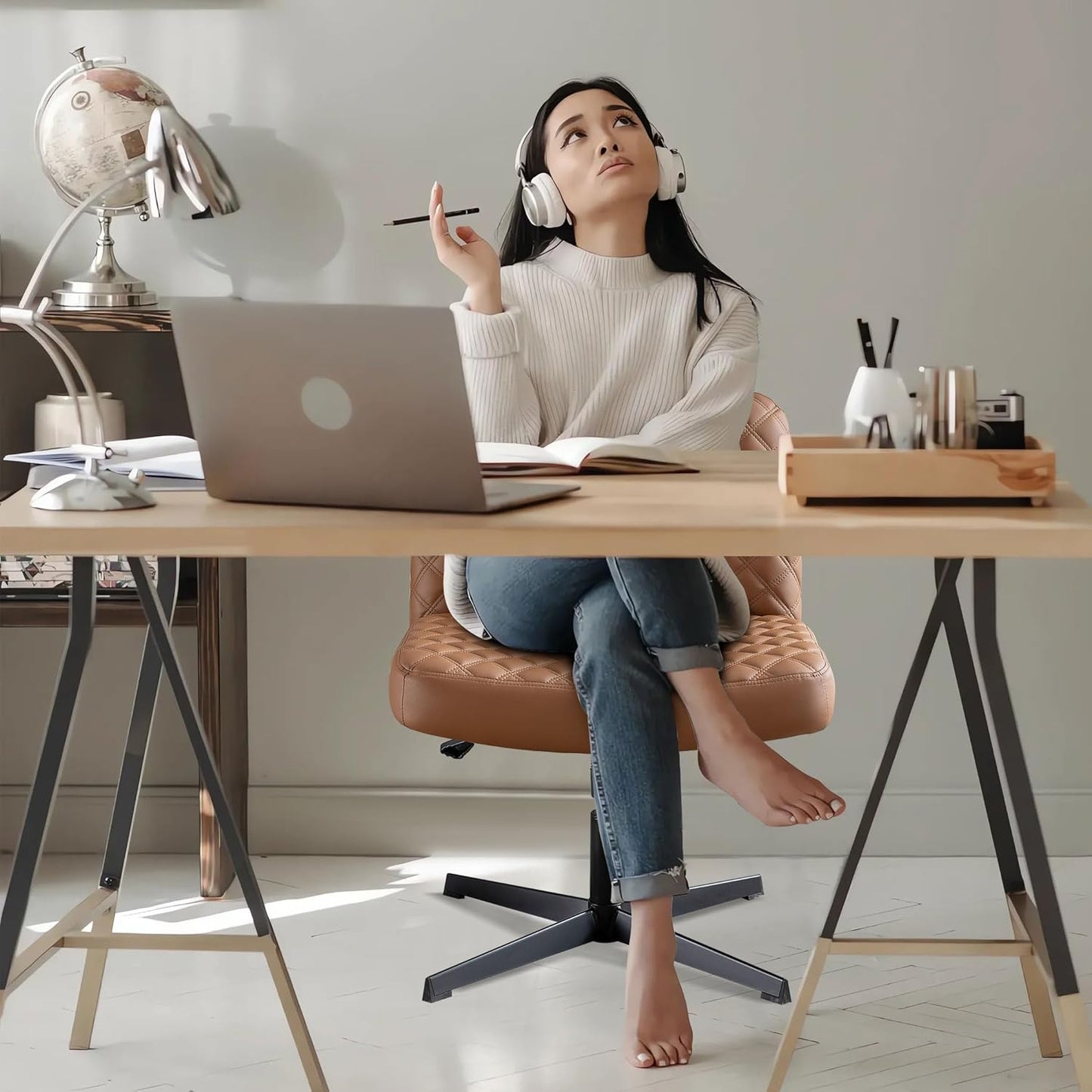 Bürostuhl Ohne Armlehnen,Home Office Stuhl Keine Räder,Heavy Duty Metallbasis,120°Schaukelnder breiter Sitz Ergonomischer Stuhl, Dicken gepolsterte Dreh Eitelkeit Stuhl für Heim und Büro Brown+PU+Metal