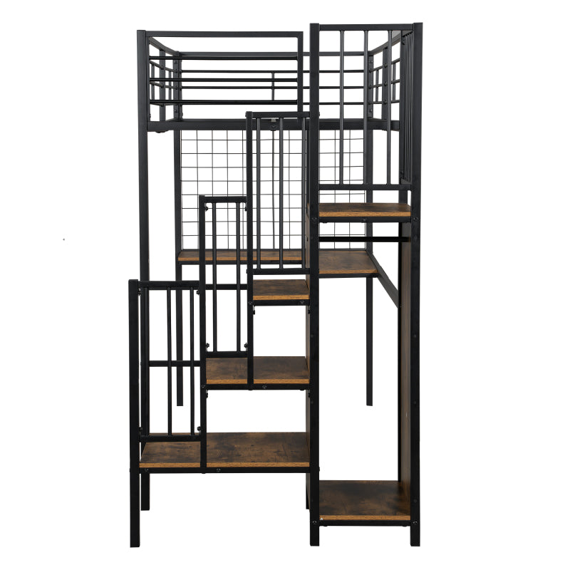 Eisenbett, Etagenbett, Hochbett, Geeignet für Kinder und Jugendliche, mit Tisch und Kleiderschrank, Seitenleiter mit Handlauf, Eisen+Spanplatte, Schwarz+dunkle Holzfarbe, 90x200cm