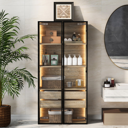 Badezimmerschrank, mittel, mit Lichtleiste, 73 cm breit, mit 2 großen Schubladen und 2 Türen, Glastür