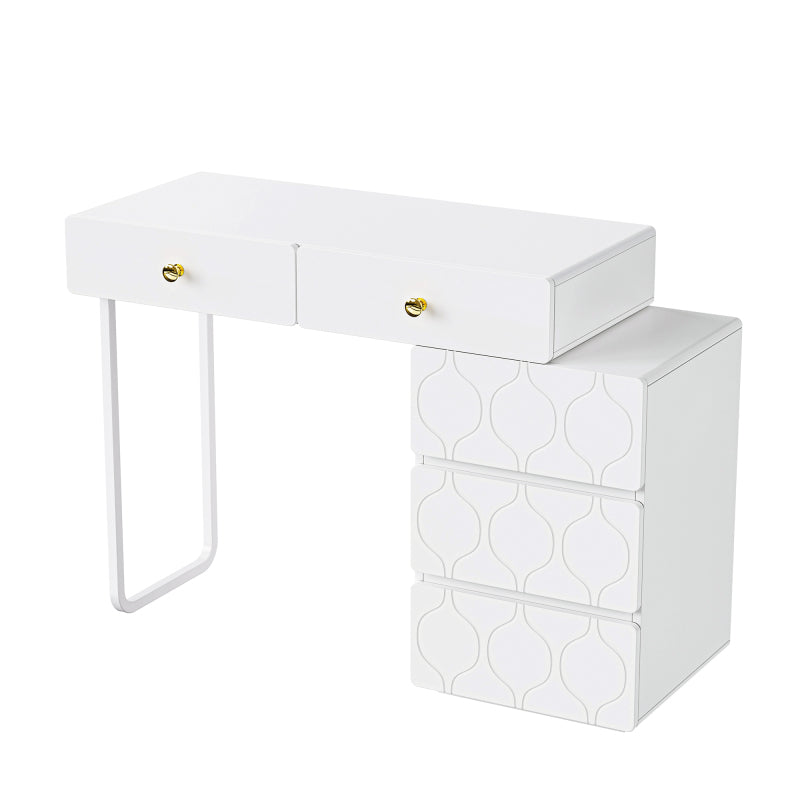 Schminktisch, 5 Schubladen, ohne Spiegel und Hocker, Schrank und Beine links und rechts austauschbar, 90x 40 x 73.5 cm, Wellenmuster, minimalistischer Stil, Kommode, weiß