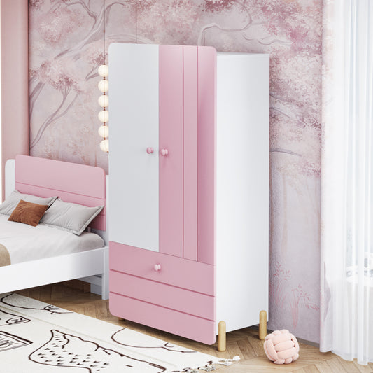 Geräumiger Kleiderschrank mit minimalistischen Linien und zarten holzfarbenen Füßen mit Staufächern, Schubladen und Kleiderbügeln, Farbblock-Design, Rosa