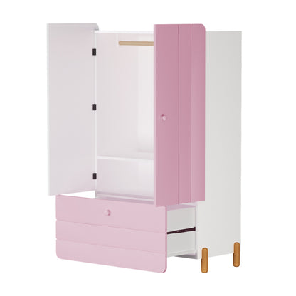 Geräumiger Kleiderschrank mit minimalistischen Linien und zarten holzfarbenen Füßen mit Staufächern, Schubladen und Kleiderbügeln, Farbblock-Design, Rosa