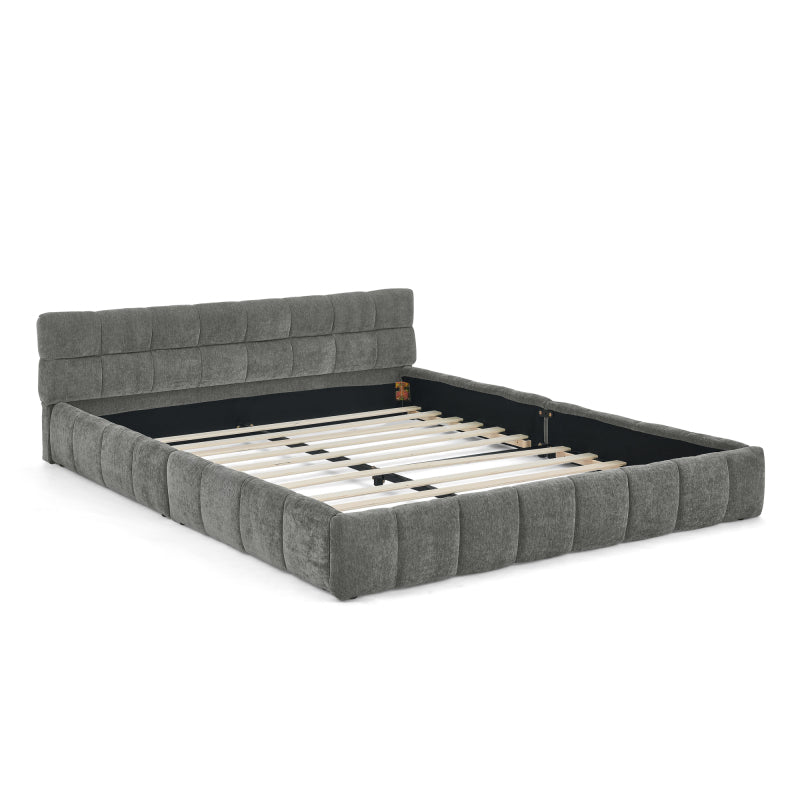 Doppelbett 160x200 cm mit Chenille Bezug Eukalyptusholz Eisenrahmen Dark Gray (ohne Matratze)