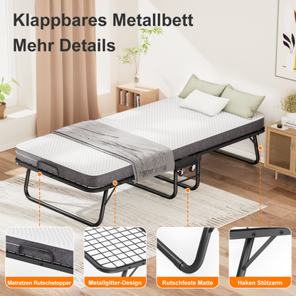 Klappbett 90x190cm mit 10cm Memory Foam Matratze – Faltbares Gästebett auf Rollen bis 150kg, inkl. Staubschutzhülle & Waschbarem Bezug