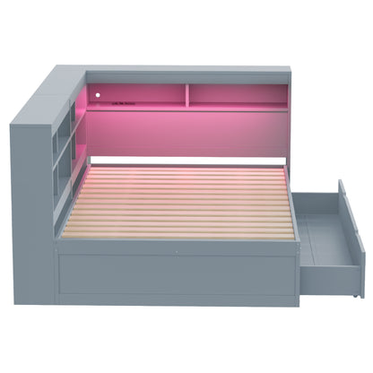 Massivholz-Doppelbett 140x200 Weiß mit LED & USB - Multifunktionales Sofa-Bett mit großen Schubladen, Ablagefächern & viel Stauraum, Grau