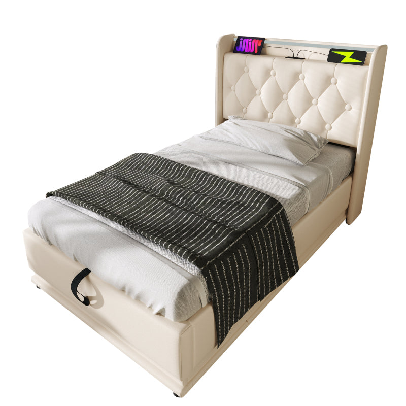 Polsterbett einzelbett, 360-Surround-LED-Funktion, Drucktaste/App/Fernbedienung, 90*200 cm, weiß PU-Material Hydraulisches Lagerbett, gepolstertes Kopfteil mit USB Typ-C Ladefunktion (Ohne Matratze)