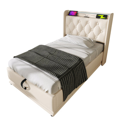 Polsterbett einzelbett, 360-Surround-LED-Funktion, Drucktaste/App/Fernbedienung, 90*200 cm, weiß PU-Material Hydraulisches Lagerbett, gepolstertes Kopfteil mit USB Typ-C Ladefunktion (Ohne Matratze)