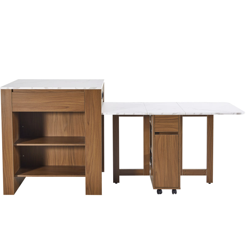 Ausziehbarer Bartisch mit Stauraum(110-124×78×97.5cm), für 2-6 Personen, Kücheninseln mit 2 Schubladen, 2 seitliche offene Regale und eingebaute Steckdose,Tischplatte aus weiß marmoriertem MDF,Braun