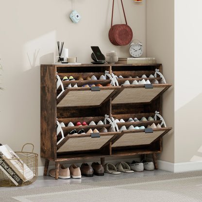 Schuhschrank mit vier Türen, Rattan-Optik, doppeltem Regal, mit Rückwand, geeignet für Flure und ähnliche Bereiche, Retrobraun