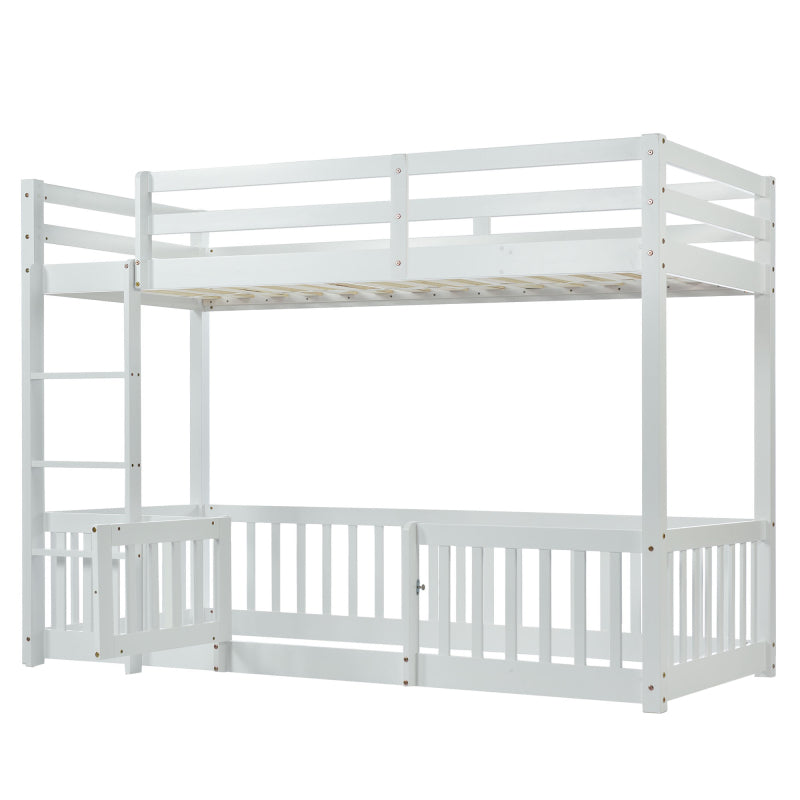 Etagenbett mit rechtwinkliger Treppe, Bett mit Zäune und Türchen, Kinderbett mit Fallschutz und Gitter, Massivholz, weiß (200x90cm)