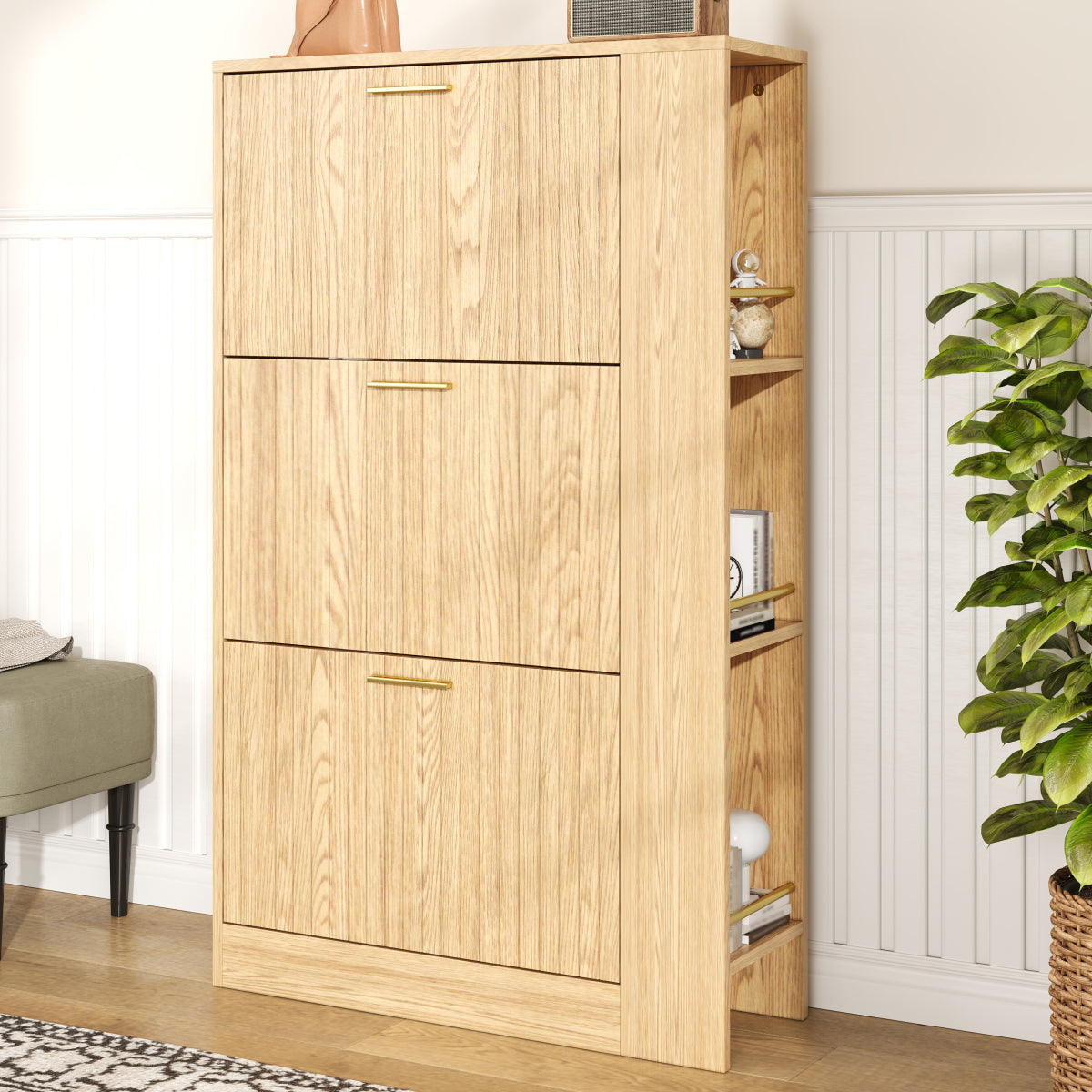 Moderner Schuhschrank aus Holz - 3 Türen, Großes Fassungsvermögen & Offene Regalfächer - Stilvoller Schuhkipper für Eingangsbereich & Foyer