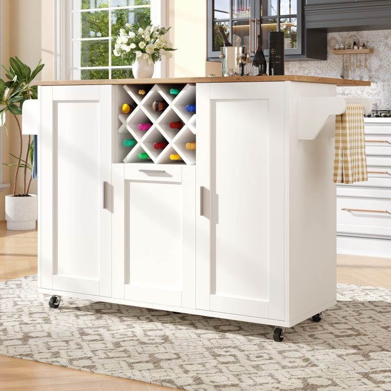 Kücheninsel mit herausnehmbaren Trennwänden, Küchenschrank, Esszimmerwagen mit Arbeitsplatte, Buffetschrank, Esszimmerwagen mit Holzmaserung, seitlicher Handtuchhalter mit Flaschenhalter, weiß