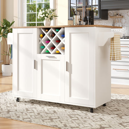 Kücheninsel mit herausnehmbaren Trennwänden, Küchenschrank, Esszimmerwagen mit Arbeitsplatte, Buffetschrank, Esszimmerwagen mit Holzmaserung, seitlicher Handtuchhalter mit Flaschenhalter, weiß