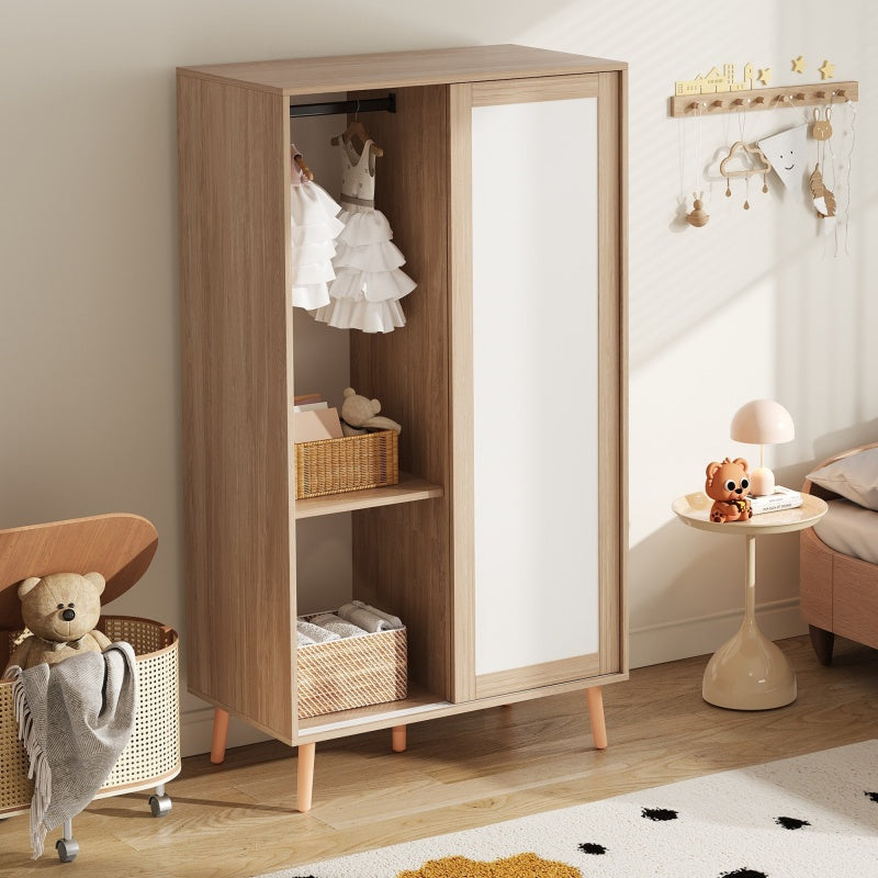 Kinder Kleiderschrank, Schiebetürenschrank mit Kleiderstange, Spanplatten Material, Vollholz-Standfüße, weiß+natürliches Holz