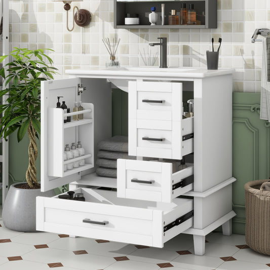 76x46x83,5cm Bodenstehender Badezimmerschrank mit Waschbecken, Waschtisch, komplett lackiert, Türregal, drei geräuschlose Schubladen, integriertes Keramikwaschbecken, weiß