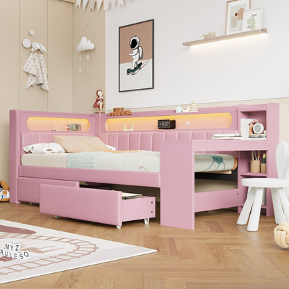 Daybed 90x200, Rosa, USB, LED-Beleuchtung, Schreibtisch & 2 Schubladen