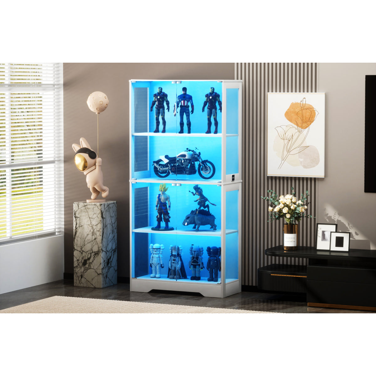 Glasvitrine Weiß 165 cm hoch, Vitrinenschrank mit LED (3 Farben) & Bewegungssensor, 4 verstellbare Böden